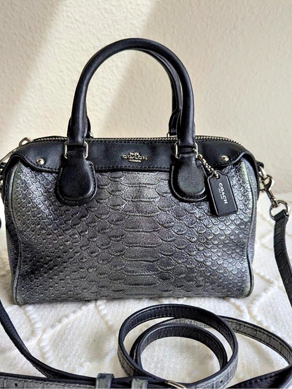 Coach Baby Bennett Satchel F36657 Metallic Gunmetal Black Snake Embossed Leather